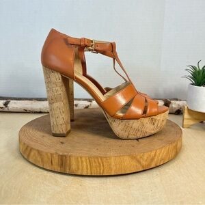 Michael Kors Cognac Leather Cork Platform Sandals Size 7.5M